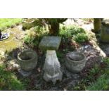 A MODERN COMPOSITE PAIR OF SMALL PLANTERS 30cm in diameter and a pedestal with a square top (3)(