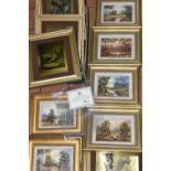 A BOX OF PAINTINGS AND BRASS PLAQUES, comprising six landscape oils on board, all unsigned, one