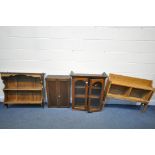 A SELECTION OF BOOKCASES/CABINETS, to include an oak glazed hanging bookcase, a panelled two door