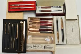 AN ASSORTMENT OF PENS, to include a cased set of ‘Parker’ pens, a set of six ‘Parker’ fountain pens,