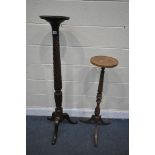A VICTORIAN STYLE MAHOGANY TORCHERE STAND, on a barley twist support and tripod legs, height