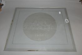 RYDER CUP GOLF INTEREST, two panes of glass with a frosted designs relating to the 1985 Ryder Cup at