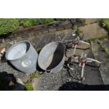 A GALVANIZED DOLLY TUB, TIN BATH and two vintage clamps (4)( this lot is not sold on site, viewing