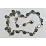 A WHITE METAL MALACHITE NECKLACE AND PAIR OF EARRINGS, the necklace made up of a series of oval