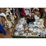 TWO BOXES OF CERAMICS AND ORNAMENTS, to include two large Italian Capodimonte gilt jugs, a Price 'Ye