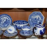 A GROUP OF SPODE BLUE AND WHITE TEAWARE, comprising a Carlton Ware flow blue teapot (glued base),