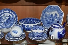 A GROUP OF SPODE BLUE AND WHITE TEAWARE, comprising a Carlton Ware flow blue teapot (glued base),