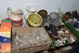 FIVE BOXES OF CERAMICS, ORNAMENTS AND GLASSWARE, to include a Victorian green glazed planter, a 19th