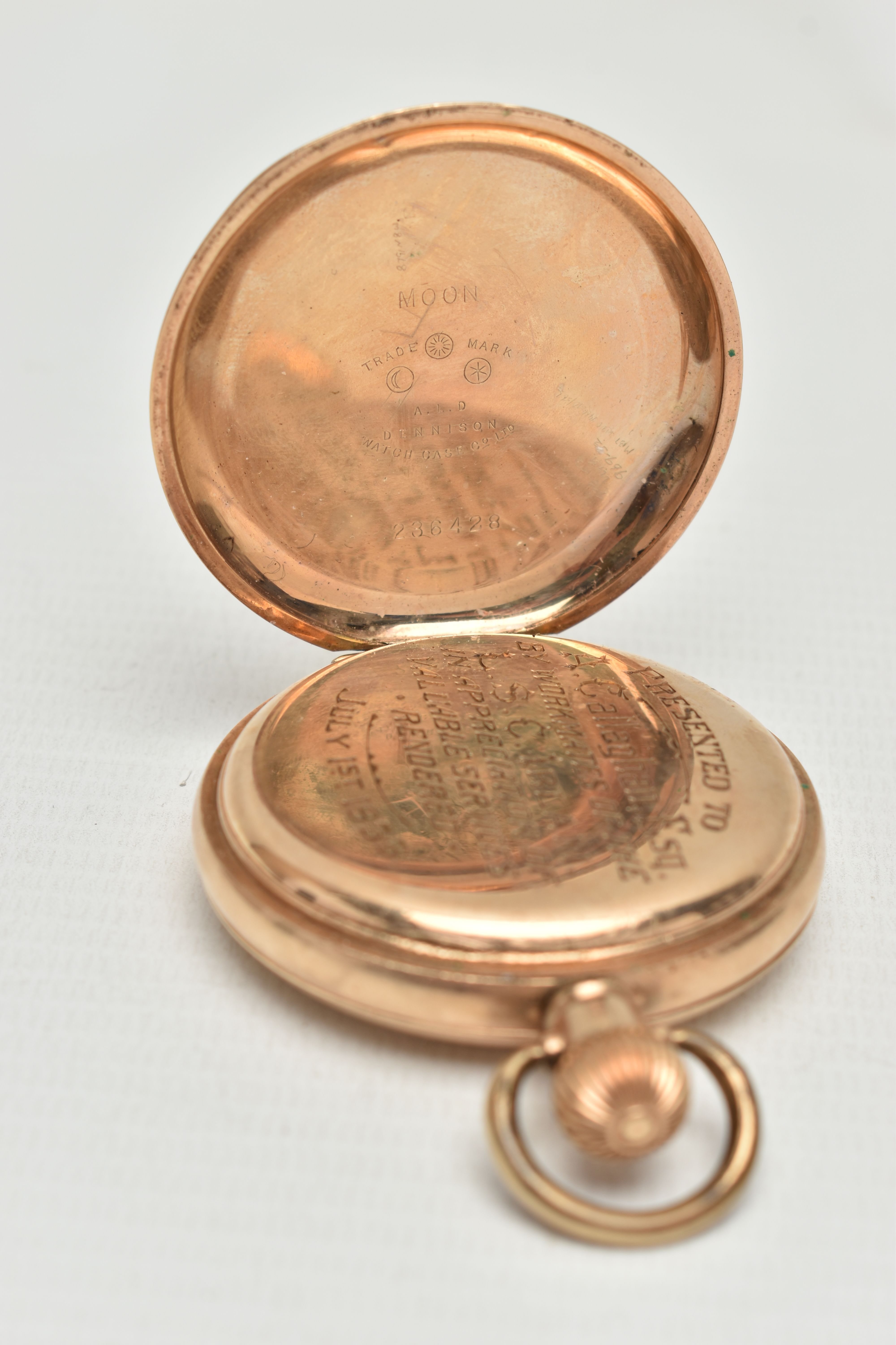 A ROLLED GOLD FULL HUNTER POCKET WATCH, manual wind, round white dial signed 'Waltham U.S.A', Arabic - Image 4 of 7