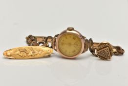 A 9CT GOLD WRISTWATCH, A YELLOW METAL BROOCH AND YELLOW METAL PIN, hand wound movement, rose gold