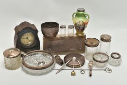 A PARCEL OF SILVER MOUNTED TOILET JARS, CONDIMENT SPOONS, HATPIN, ETC, including a George V silver