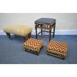 A SELECTION OF STOOLS, to include a mahogany spindle stool, a pair of similar footstools and a