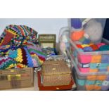 FIVE BOXES AND LOOSE KNITTING SUPPLIES, to include fifty to sixty balls of yarn, mainly DK and 4-