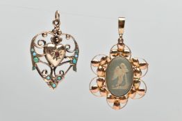 TWO 9CT GOLD PENDANTS, the first a wedgwood cameo pendant, depicting a cherub, collet set within a