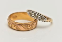 A FIVE STONE DIAMOND RING AND A YELLOW METAL RING, five old cut diamonds prong set in a white