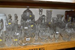 A QUANTITY OF CUT AND PRESSED GLASS WARES ETC, to include a pair of matched ships decanters, pair of
