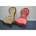 A VICTORIAN WALNUT SPOON BACK CHAIR, along with late Victorian mahogany spoon back chair (