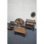 A SELECTION OF OCCASIONAL FURNITURE, to include two brass magazine racks, a small oval mirror, a