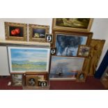 A SMALL QUANTITY OF PAINTINGS AND PRINTS ETC, to include two still life oil on board studies