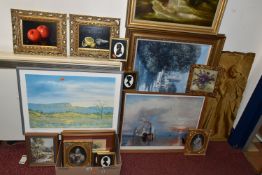 A SMALL QUANTITY OF PAINTINGS AND PRINTS ETC, to include two still life oil on board studies