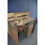 A METAL WORKBENCH with Record Steel No34 vice a single draw and under cupboard along with three