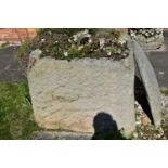 A VERY LARGE AND VERY HEAVY VINTAGE SANDSTONE TROUGH width 86cm depth 85cm height 74cm wall