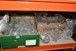TWO BOXES OF CRYSTAL AND GLASSWARE, to include a studio glass Pukeberg style hand paperweight,