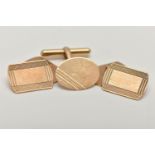 A PAIR OF 9CT GOLD CUFFLINKS AND A SINGLE CUFFLINK, rectangular cufflinks, engine turned pattern,