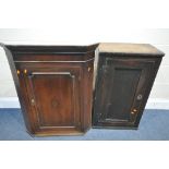 A GEORGIAN PANELLED OAK SINGLE DOOR CUPBOARD, width 51cm x depth 30cm x height 87cm, along with a