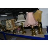 THIRTEEN TABLE LAMPS, mainly brass/brass effect, several with shades, tallest approximately 60cm (13