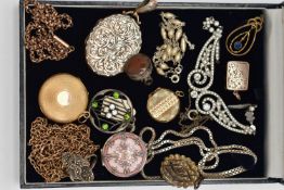 A SELECTION OF JEWELLERY, to include an enamel 'Michaela Frey' locket suspended from a silver box