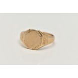 A 9CT GOLD GENTS SIGNET RING, yellow gold square with cut off corners signet ring, etched with