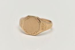 A 9CT GOLD GENTS SIGNET RING, yellow gold square with cut off corners signet ring, etched with