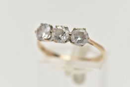 A 9CT GOLD THREE STONE CUBIC ZIRCONIA RING, designed as three circular claw set colourless cubic