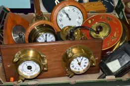 A BOX OF CLOCKS, BAROMETERS, LAMP AND SUNDRY ITEMS, to include a J Barker & Co Ltd circular wall