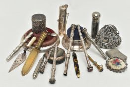 A SMALL PARCEL OF SILVER AND PLATED PROPELLING PENCILS, BOOKMARKS, PIN CUSHIONS, ETC, a number of