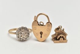 A 9CT GOLD RING, CHARM AND A HEART PADLOCK, the single cut diamond tiered cluster ring, hallmarked
