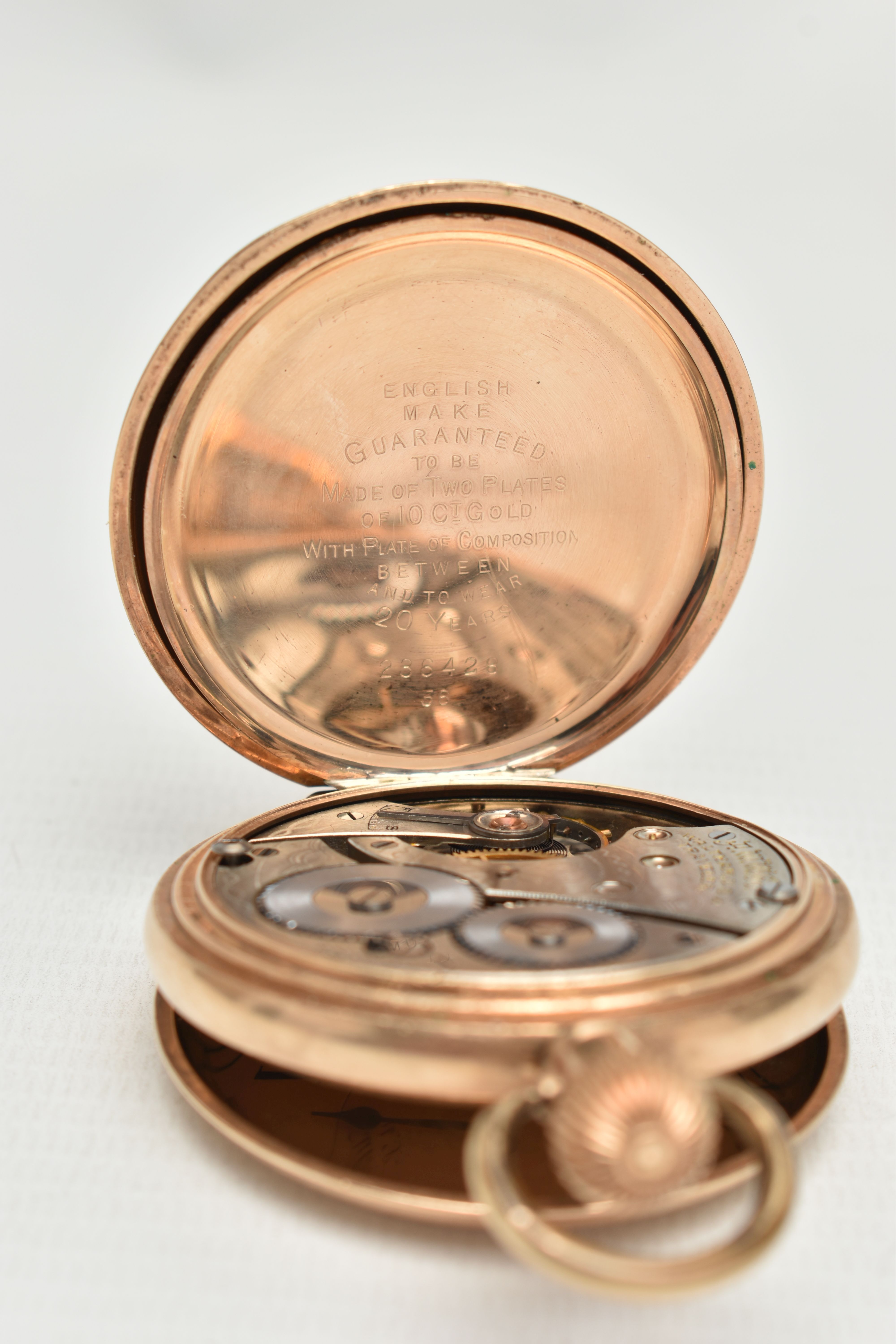 A ROLLED GOLD FULL HUNTER POCKET WATCH, manual wind, round white dial signed 'Waltham U.S.A', Arabic - Image 6 of 7