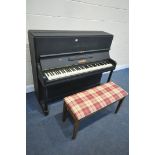 A EBONISED PAINTED CRANE AND SONS UPRIGHT PIANO width 134cm x depth 54cm x height 115cm and a
