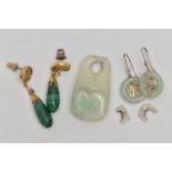 TWO PAIRS OF EARRINGS AND A PENDANT, to include a pair of white metal drop earrings depicting an