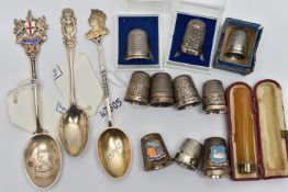 A SELECTION OF SILVER THIMBLES AND TEASPOONS, to include seven thimbles all with full silver