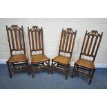 A SET OF FOUR 19TH CENTURY FRUIT WOOD HIGH BACK CHAIRS, (condition:- mark and fluid stains to