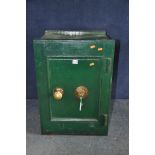 A LARGE UNBRANDED SAFE painted green with key, measuring width 47cm x depth 43cm x height 66cm