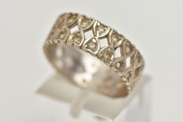 A 9CT WHITE GOLD WIDE BAND RING, openwork heart detailed wide band, set with colourless spinels,