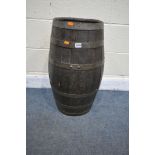 A 19TH CENTURY COOPERED OAK BARREL 66cm X 35cm (condition:-rickety due to age)