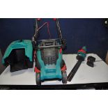 A BOSCH ROTAK37 LAWNMOWER with grass box along with a Bosch AHS-41ACCU cordless hedge trimmer (