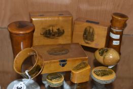 A COLLECTION OF MAUCHLINE WARE, ten pieces to include various boxes, thimble case, pincushions,