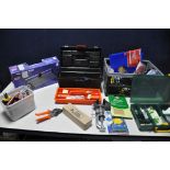 A TRAY AND TOOLBOX OF TOOLS to include sandpaper, tin snips, hammer, screws, nails, pins, Homebase