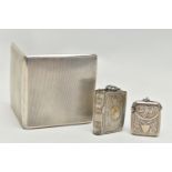 AN ELIZABETH II SILVER CIGARETTE CASE OF SQUARE FORM, AN EDWARDIAN SILVER VESTA CASE AND A PLATED