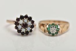 TWO GEM SET RINGS, the first a 9ct yellow gold ring, set with four circular cut emeralds and a